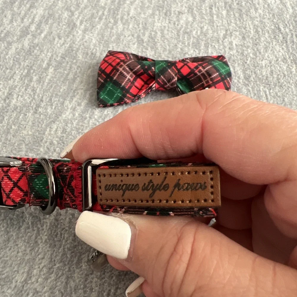 Unique Style Paws XS Dog Collar & Bow Red Green Plaid Unisex Adjustable Xmas New
